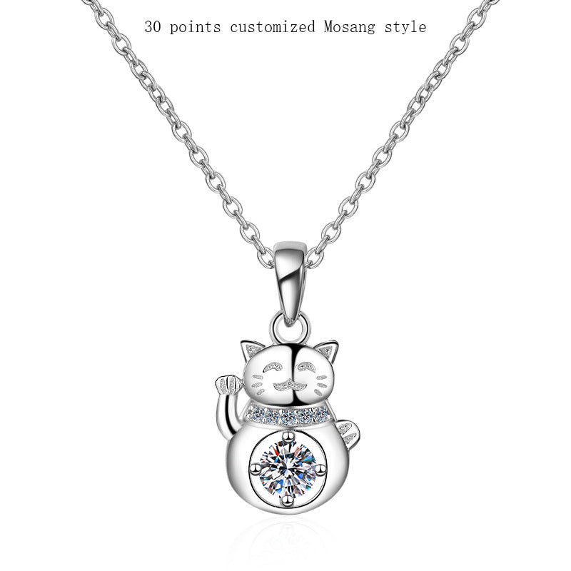 S925 Sterling Silver Moissanite Lucky Cat Necklace