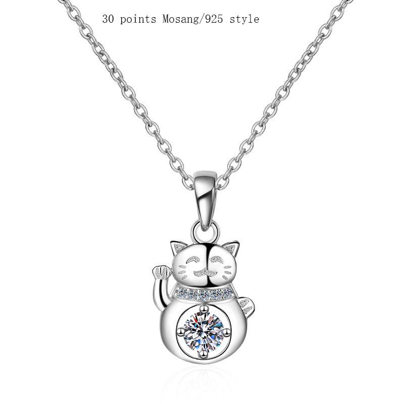 S925 Sterling Silver Moissanite Lucky Cat Necklace